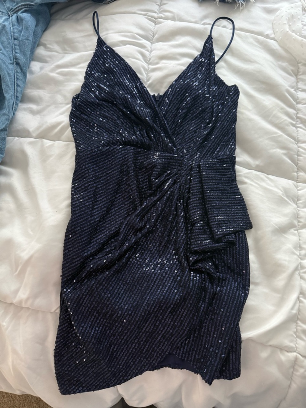 Navy Sequin Slip Dress with Twist Front